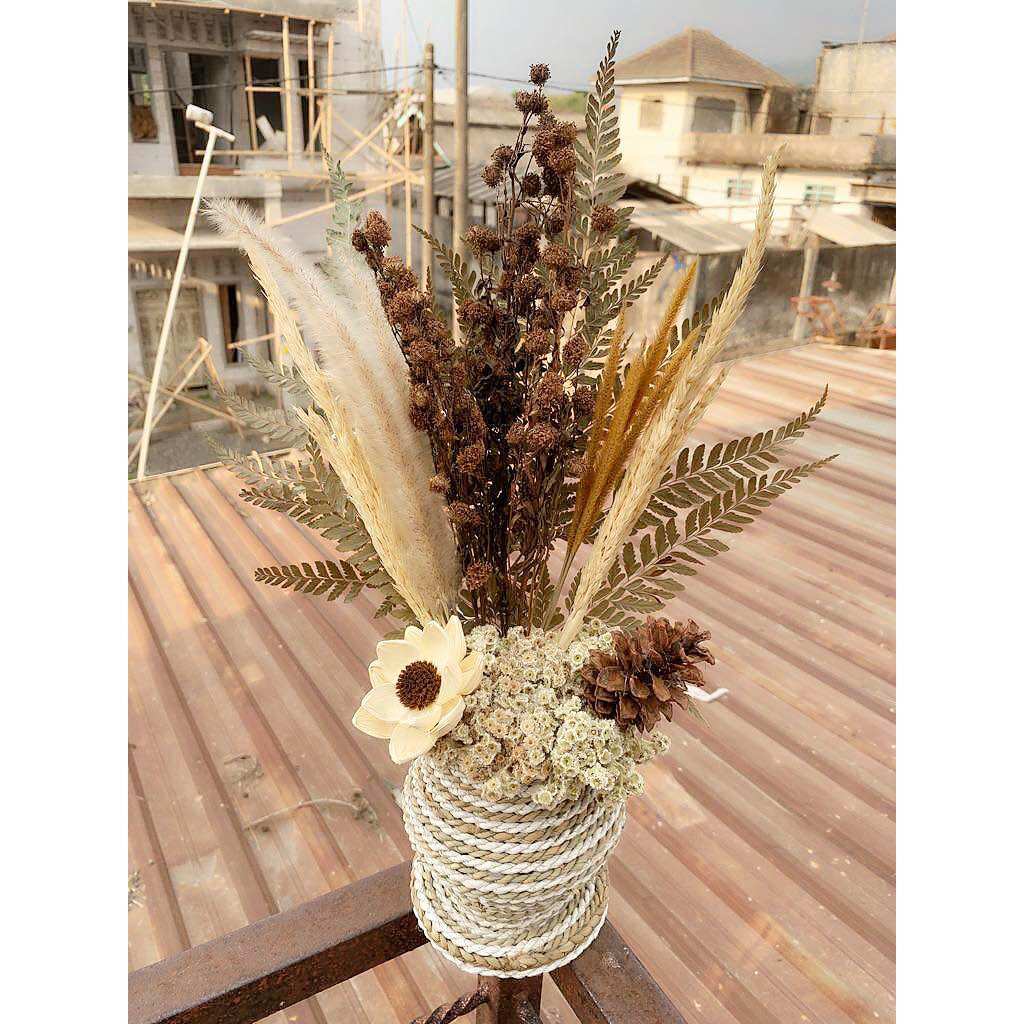 Paket dekorasi bunga kering rustic hiasan meja dengan vas tinggi 20cm
