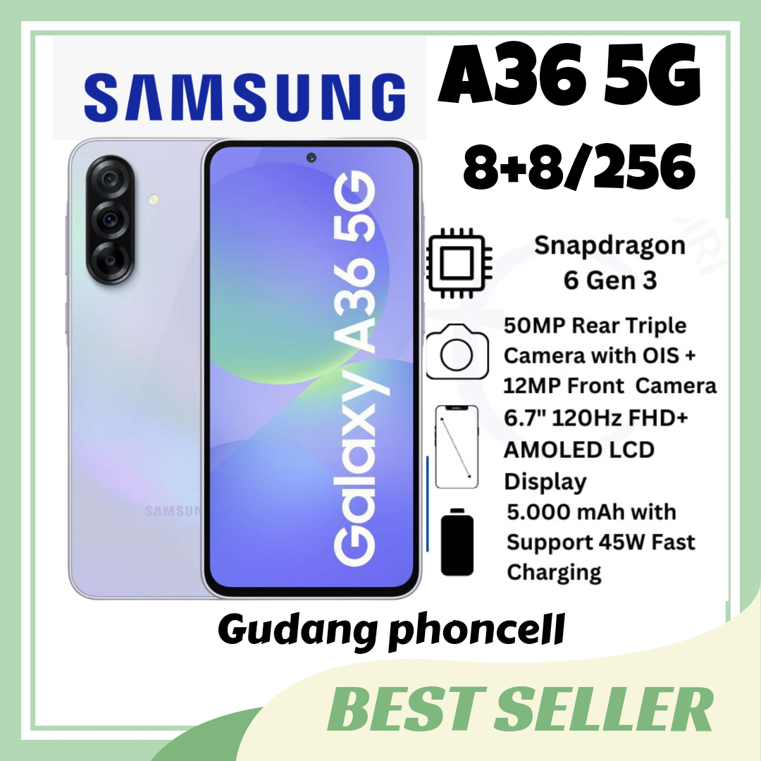 SAMSUNG A36 5G NFC layar Amoled Ram 16+256 GB (Ram 8+8 GB) kamera 50mp GRATIS TRAVEL ADAPTOR garansi resmi & imei terdaftar 100% Harga 4,399,000 rupiah*Gratis Ongkir