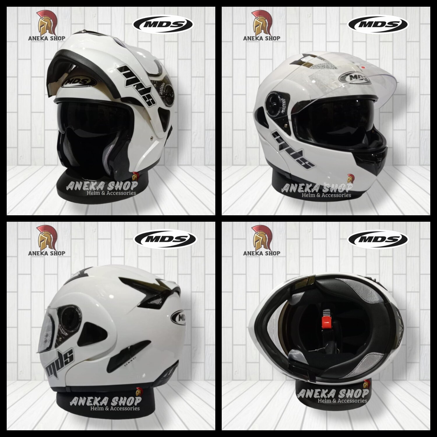 Helm Mds Pro Rider Solid White Glossy Modular Flip Up Double Visor