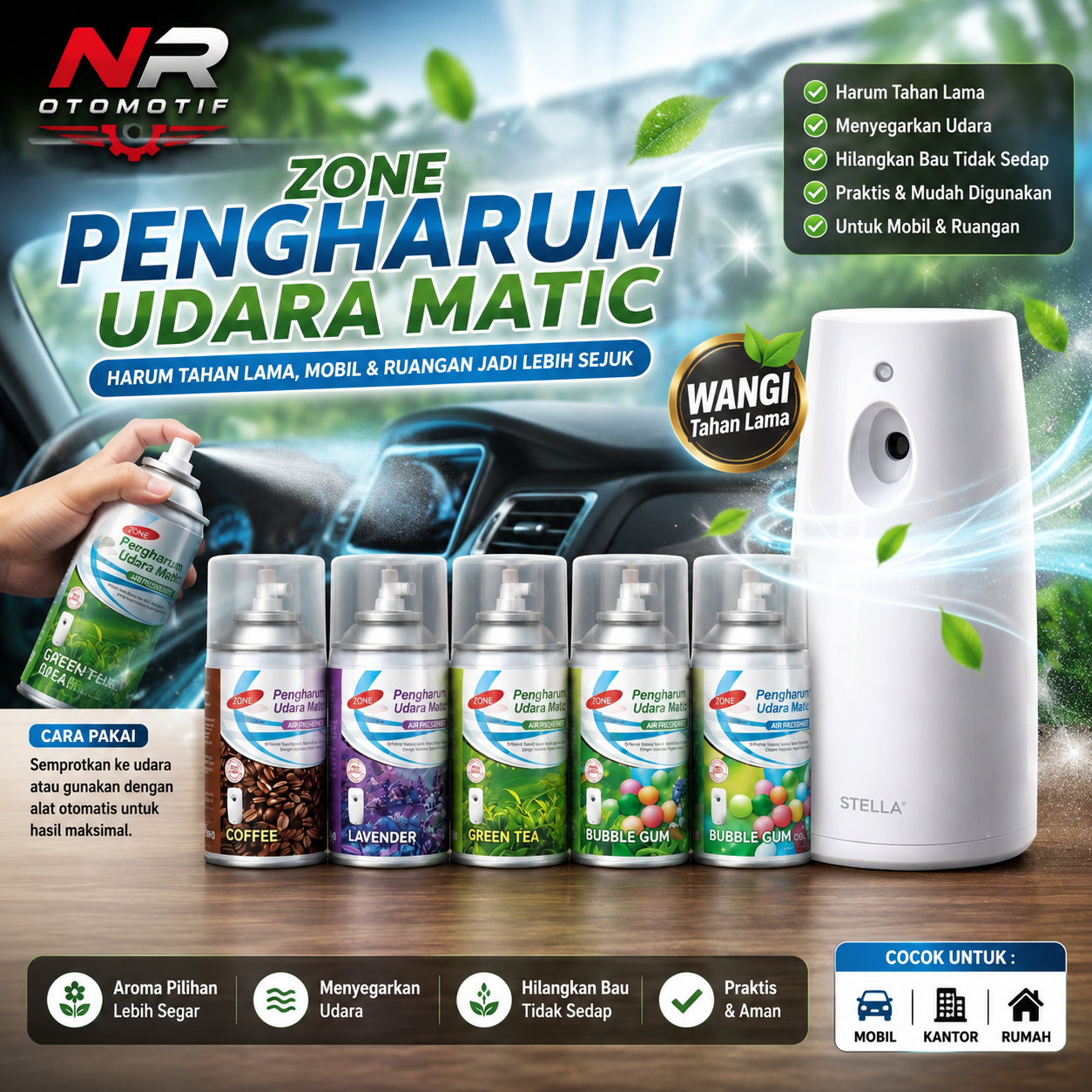 Stella Zone Pengharum Udara Matic Refil 225 ml - 5 Aroma (Kopi Lavender Teh Hijau Permen Karet) untuk Pengharum Ruangan Otomatis