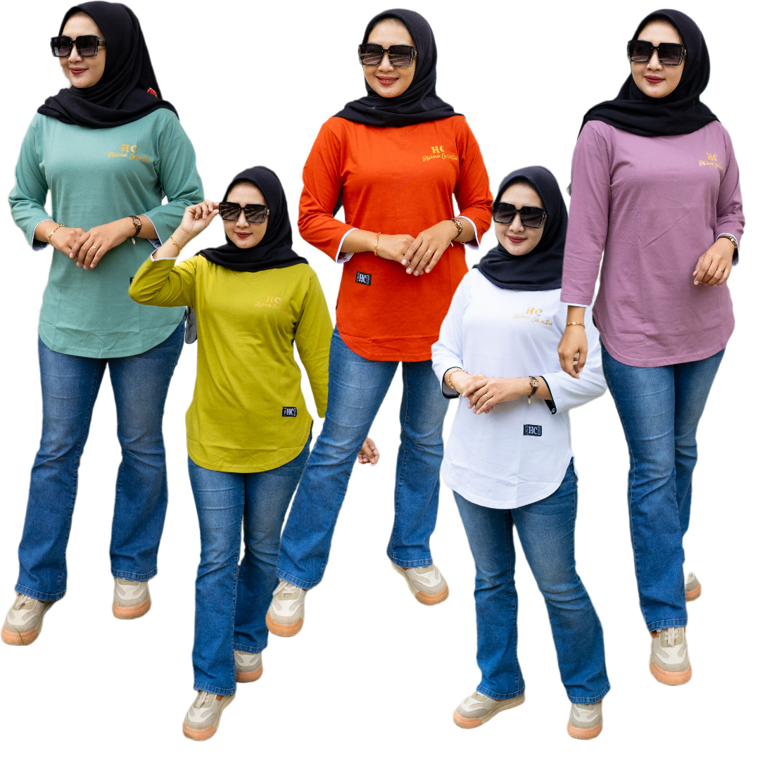 Oval Motip Lengan Balap 01aโ Kaos Atasan Wanita Model Oval Lengan Panjang 7/8 Bahan Katun Kombet 20S