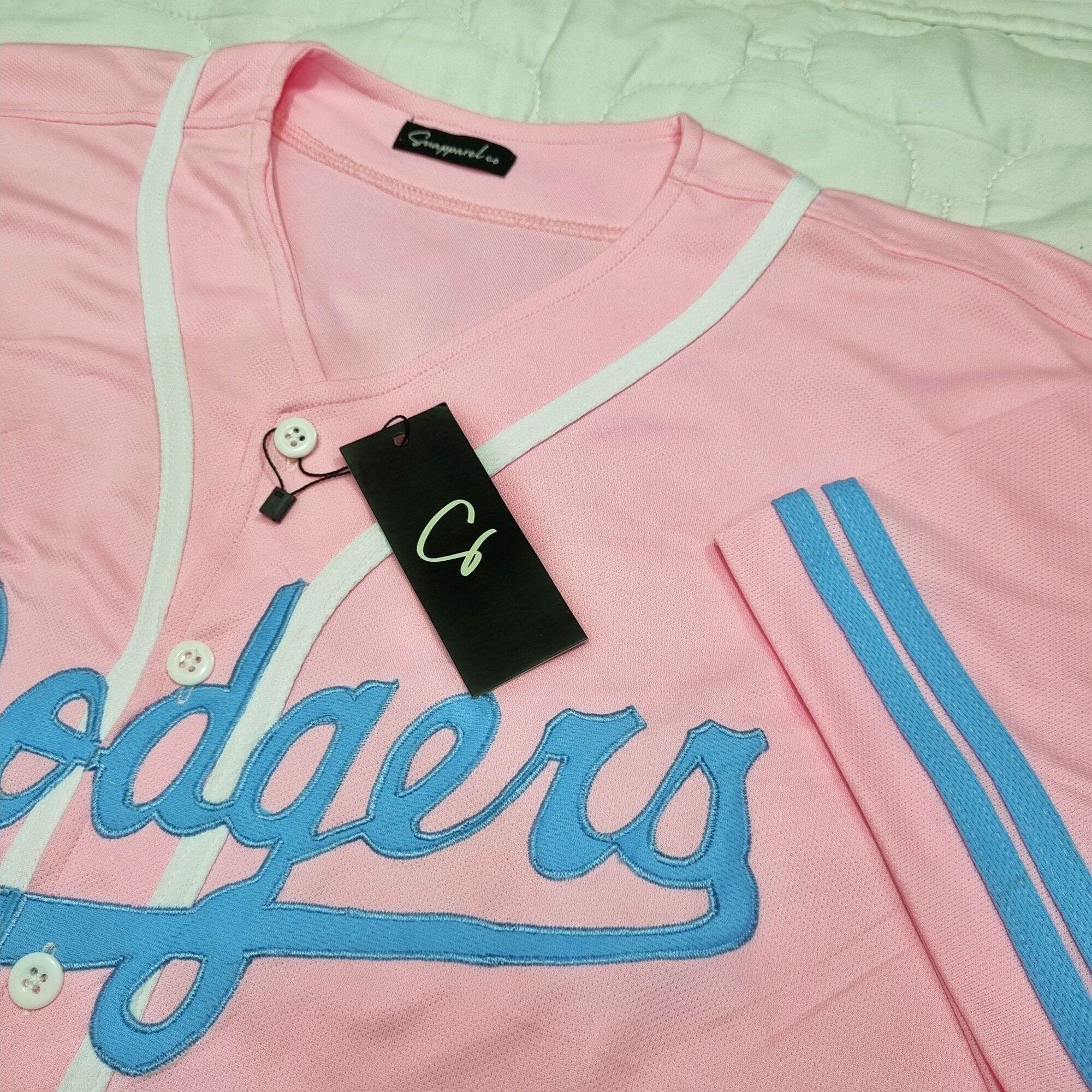 Baju Sport Jersey Baseball dodgers Pink lengan hitam Pria Wanita