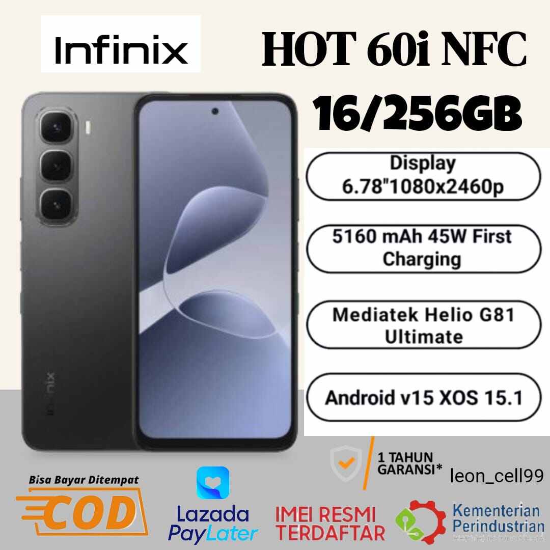 Infinix Hot 60i NFC 16 + 256 GB gaming processor Helio G81 (50i replacement) 1 year official warranty Harga  1,095,000 Ringgit*Penghantaran Percuma