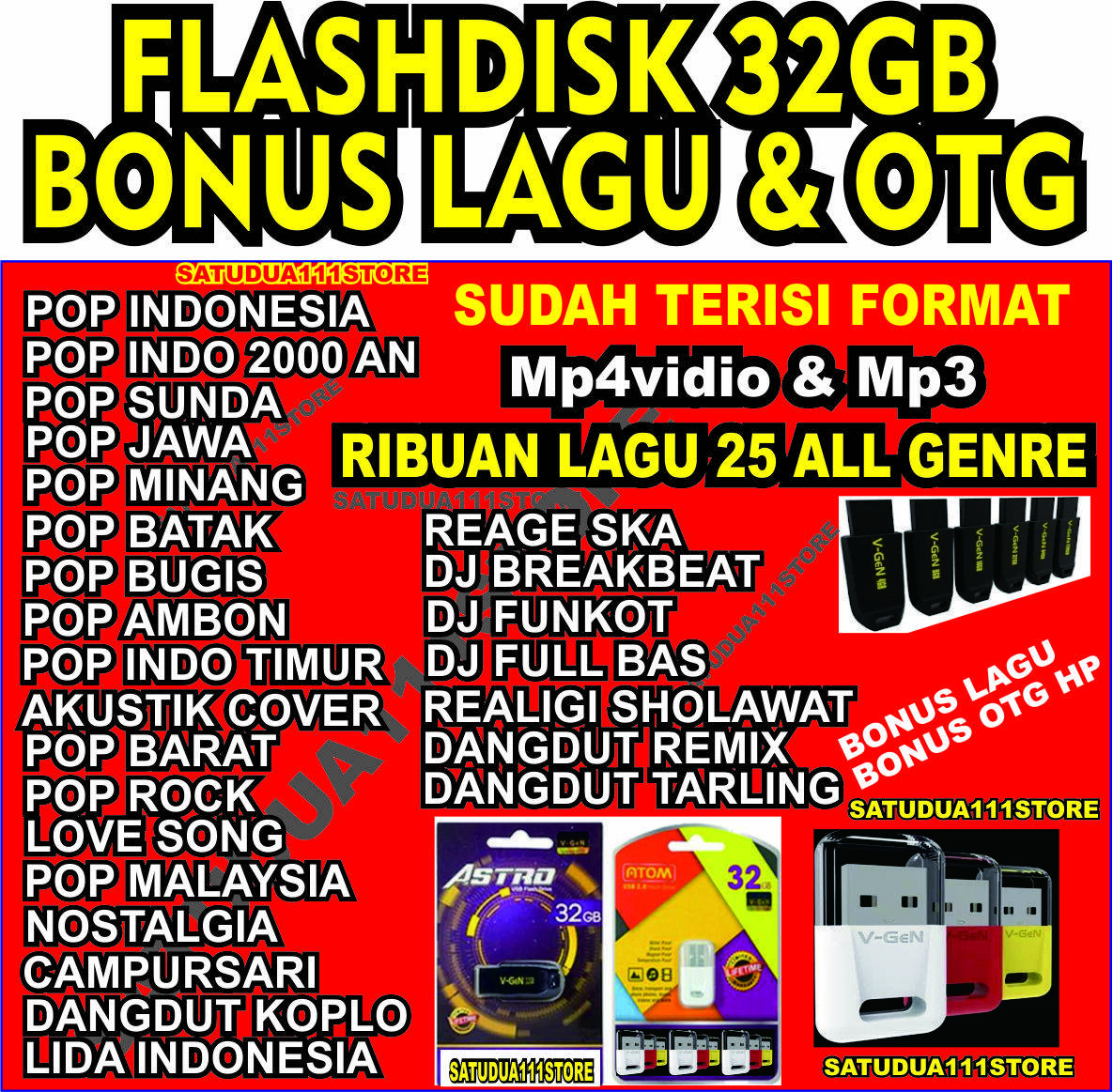 flashdisk 32GB dengan bonus FULL 25 GENRE lagu terbaru mp4&mp3 bisa cod otg storage penyimpanan Harga 84,000 rupiah*Gratis Ongkir