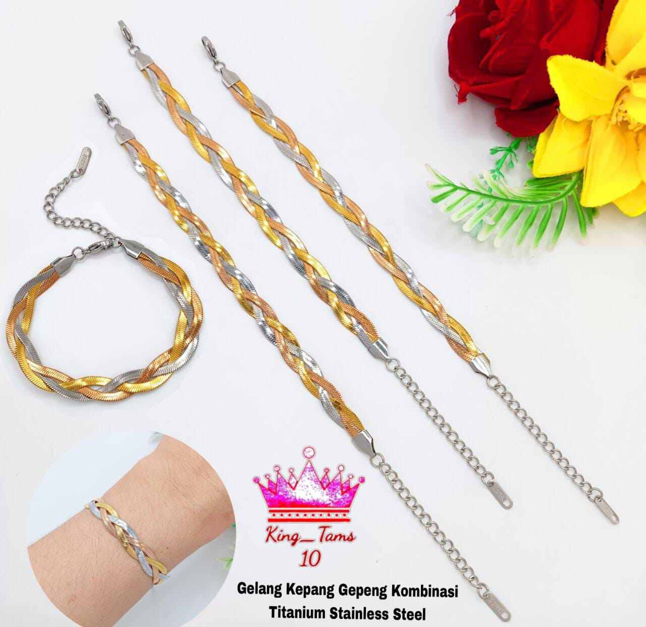 Gelang Choker Wanita Titanium Rajut Belut Gepeng Warna Kombinasi Gold  Silver Rose Gold