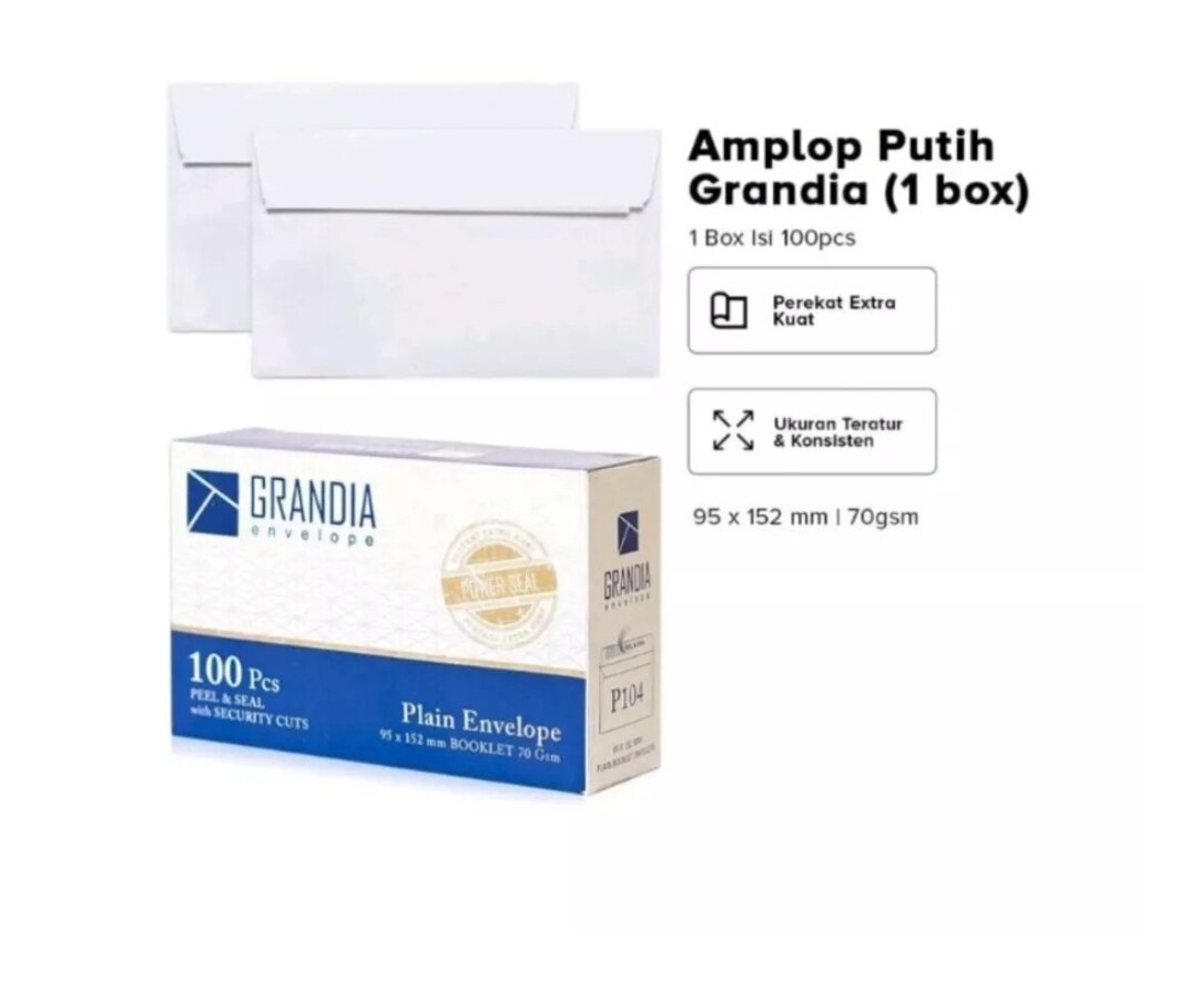 1Pak AMPLOP Putih isi 100 pcs Mrk GRANDIA 104 / Amplop ukuran standar - Dengan Lem perekat