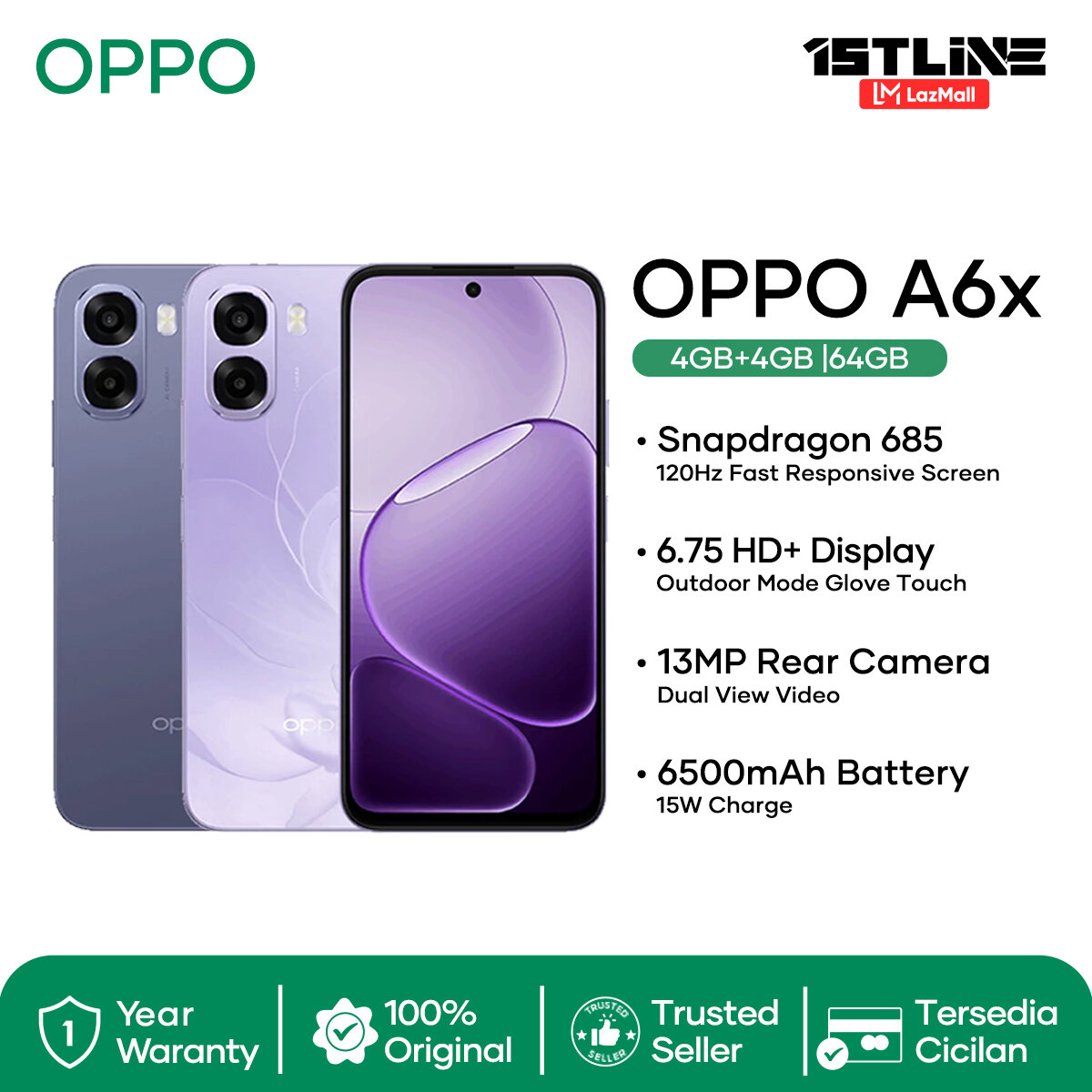 Oppo A6X (4/64Gb)(4/128Gb)(6/128Gb)(6/256Gb) - Official Guarantee, Latest Oppo Cellphone 2025 Original, Cod Available Harga  1,599,000 Ringgit*Penghantaran Percuma