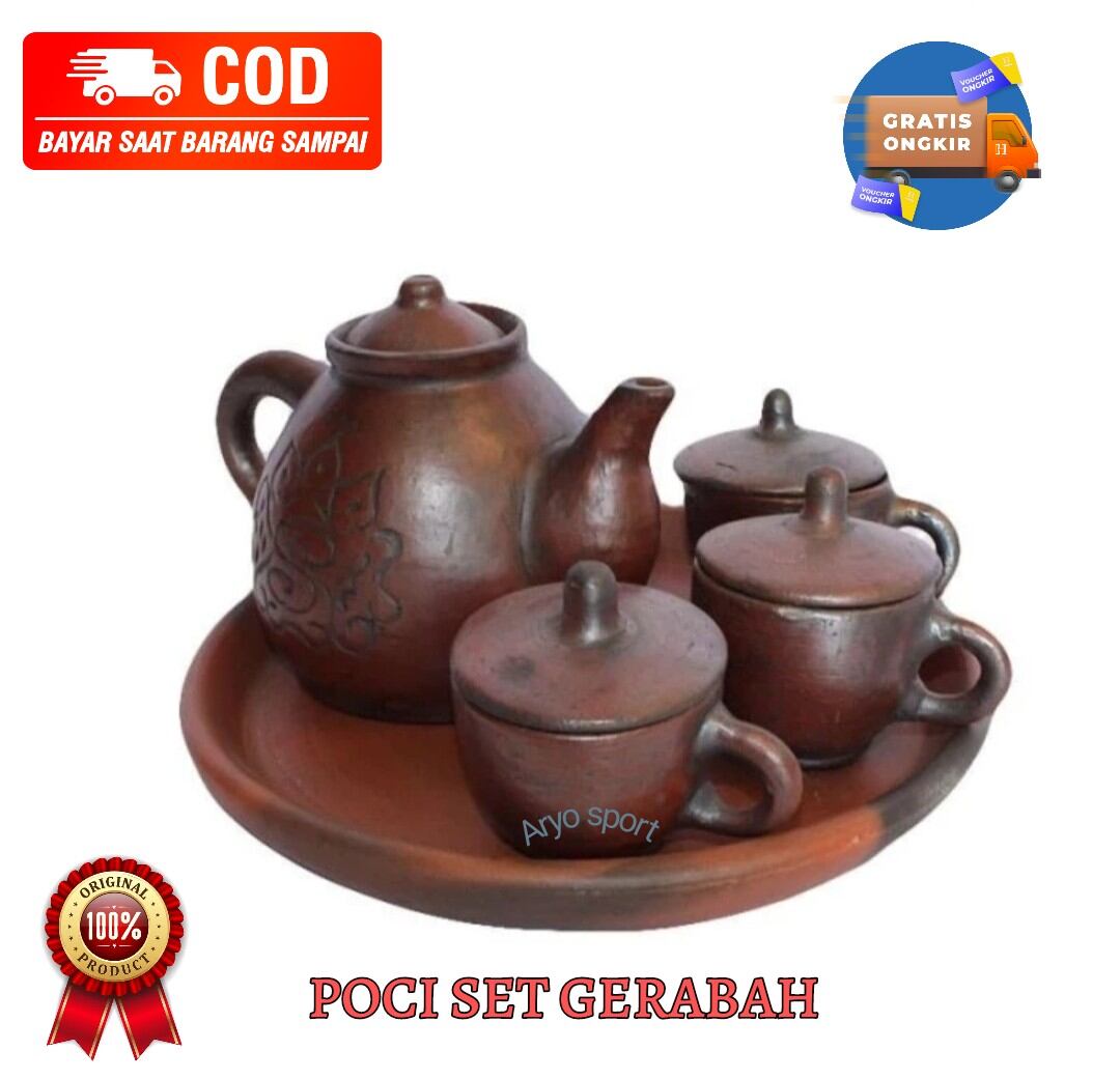 SET Poci Cangkir TEH Teko Gerabah Tanah Liat