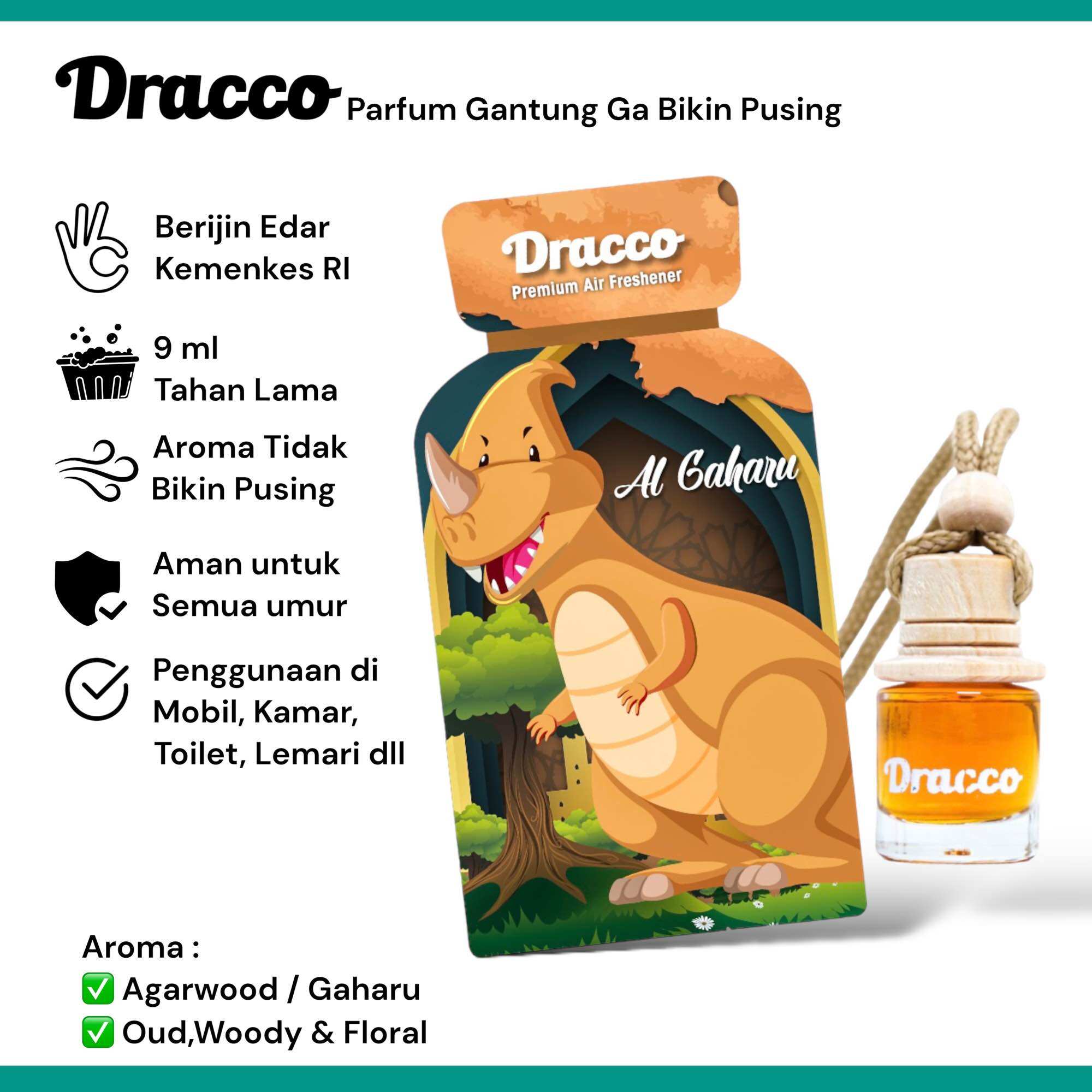 Parfum Mobil Wangi Tahan Lama Pengharum Gantung Serbaguna 9 ml DRACCO-AL GAHARU (Wangi pohon Gaharu) Harga 32,500 rupiah*Gratis Ongkir