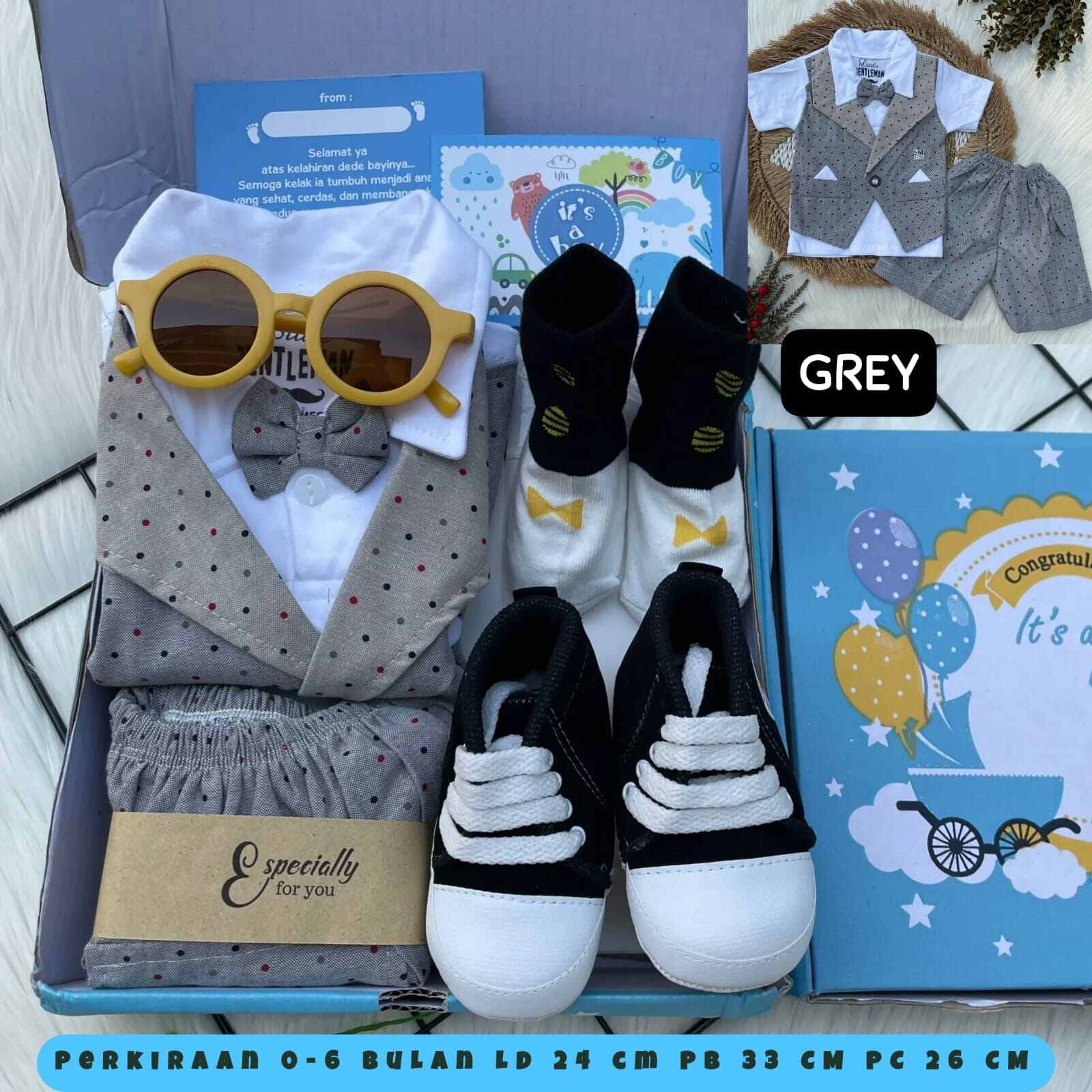 Baby BOY Hampers Exclusive / Kado Gift SET Bayi Model Tuxedo Berdasi Kacamata Sepatu