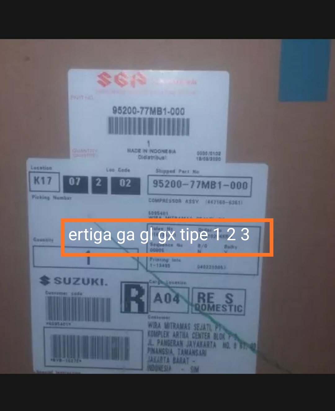 compressor AC ertiga assy gl gx. ori SGP suplier denso 95200-77MB1 Indonesia mantap Harga 7,682,600 rupiah*Gratis Ongkir