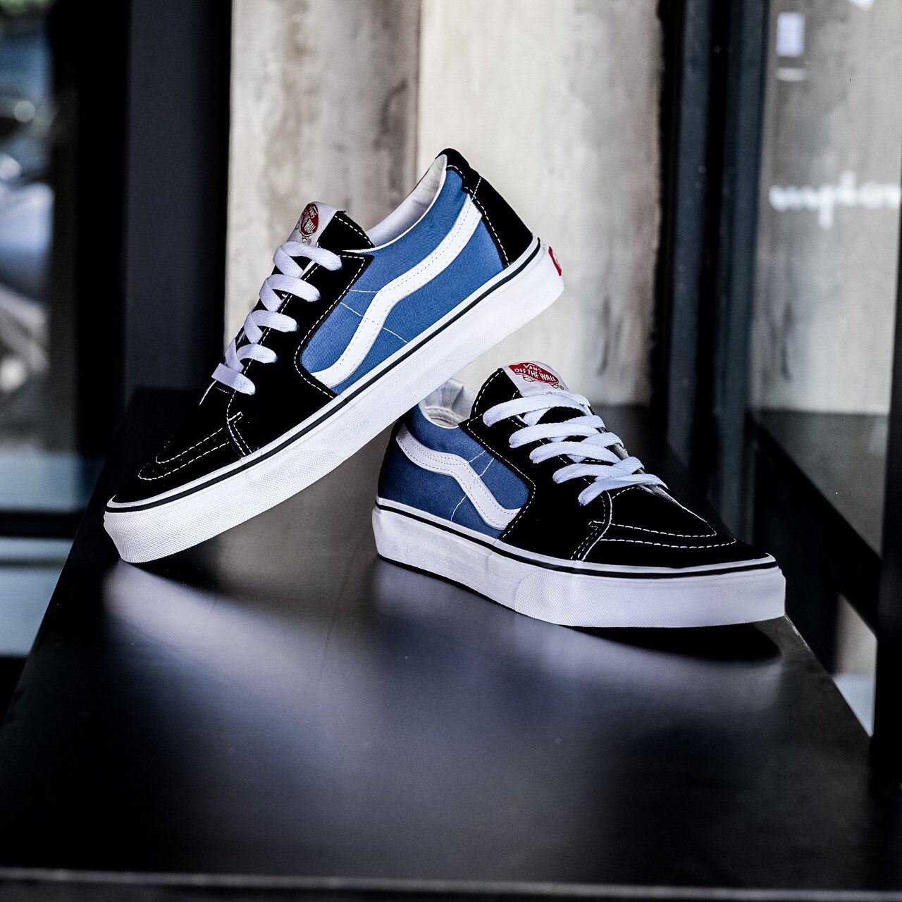 vans black blue and white