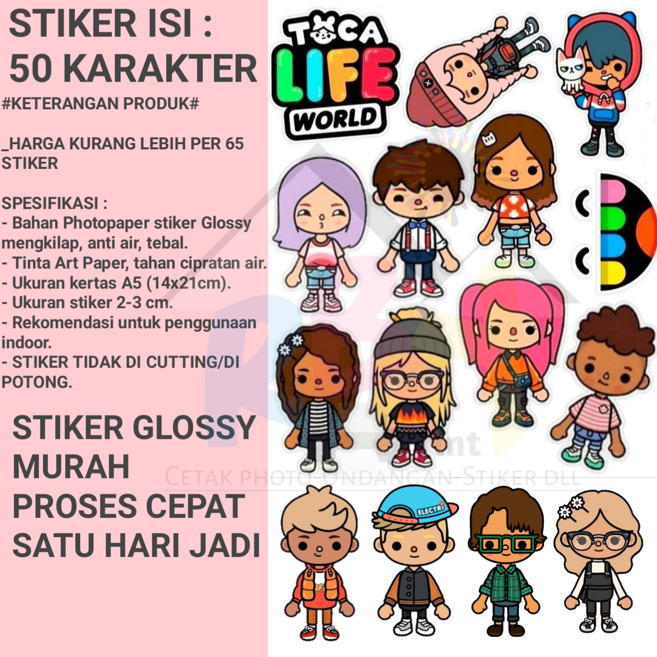 Stiker Toca boca hemat murah isi 50 karakter/stiker anti air glossy ...