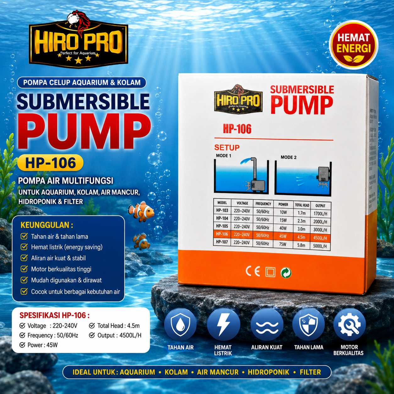 Pompa kolam Koi Hidroponik HIRO PRO HP 106