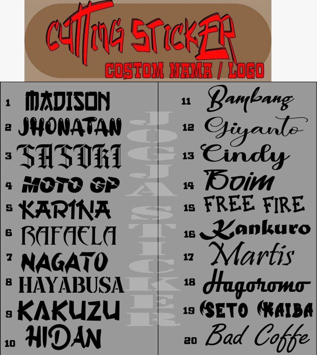 Cutting Sticker Material Oracal 651 Nama Tulisan Bebas Custom Desain