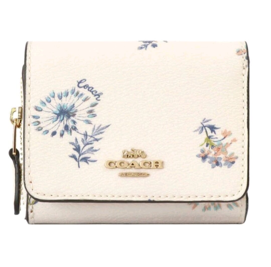 coach dandelion small trifold wallet with dandelion floral print