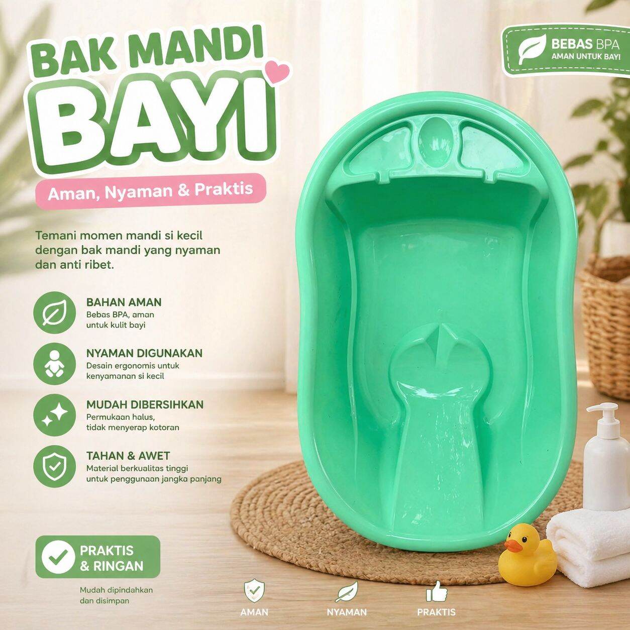 Bak Mandi Bayi karakter dengan Fitur Aman Nyaman Praktis Bebas BPA dan Pilihan Warna.