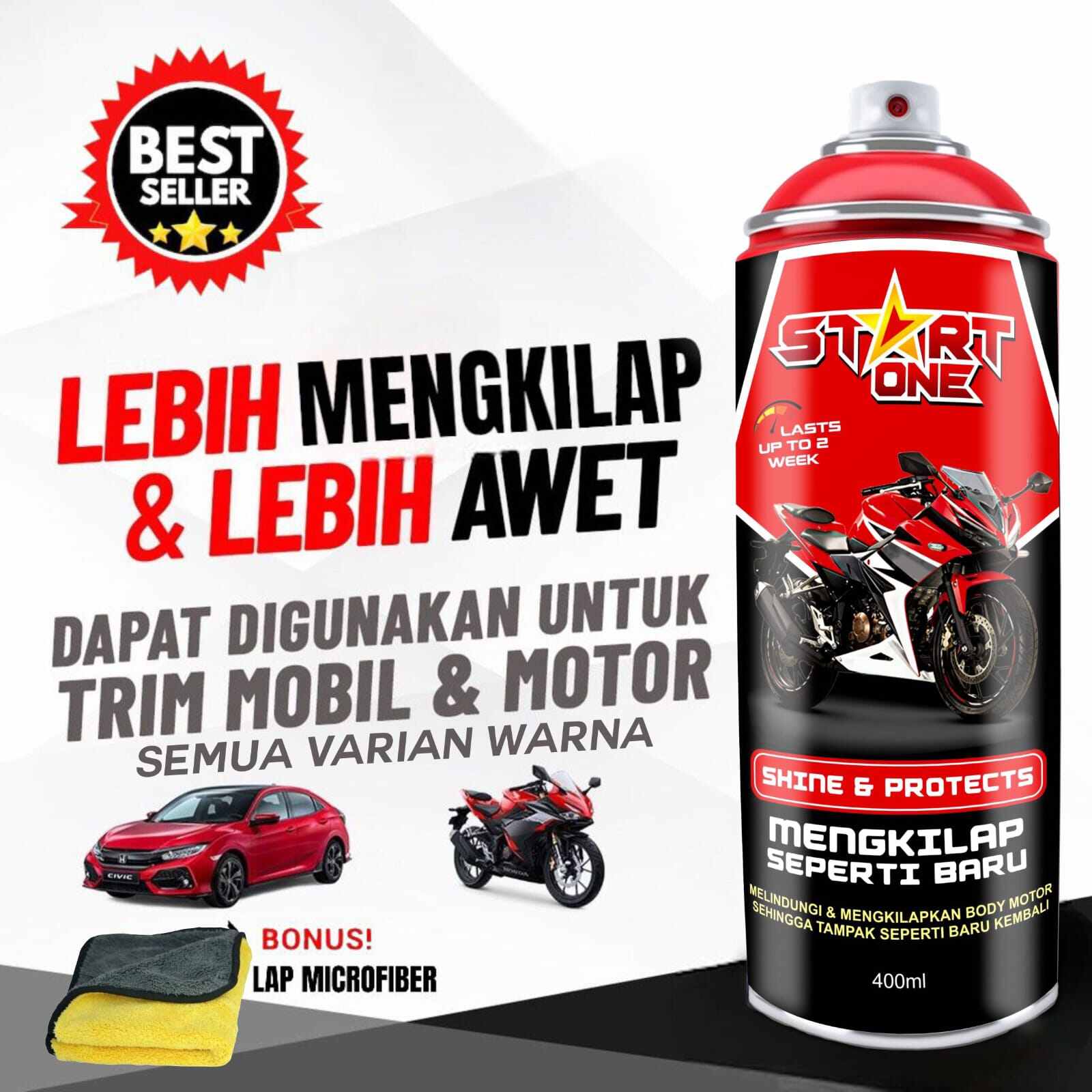 Shine and blackening body motor start one restorer free lap microfyber Harga 32,000 rupiah*Gratis Ongkir