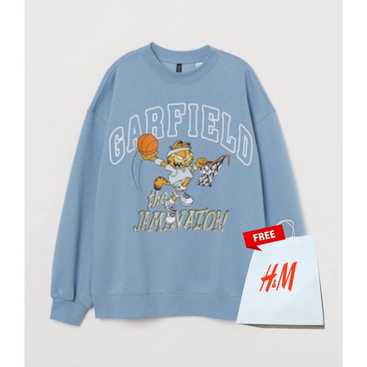 Sweater Crewneck H&m Garfield Blue Hnm Wanita Biru Free Paper Bag ...