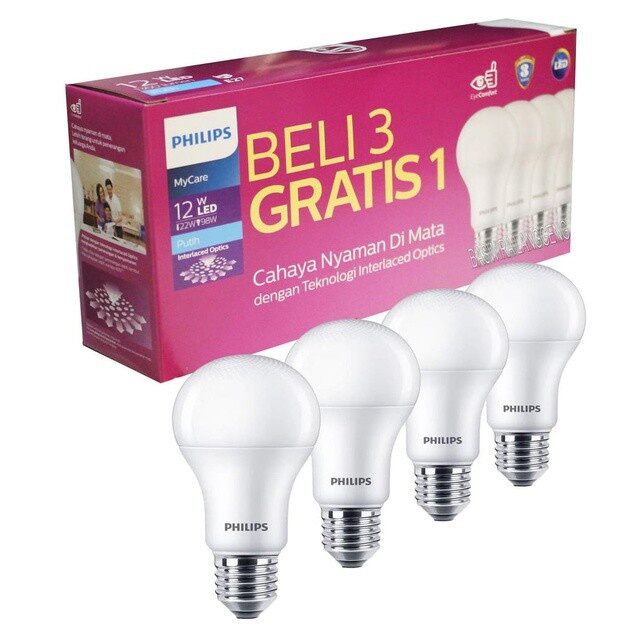 Philips LED Bulb 12W 4200K MyCare Cahaya Nyaman Di Mata dengan Teknologi Interfaced Optics Paket 4 Lampu Penawaran Beli 3 Gratis 1.