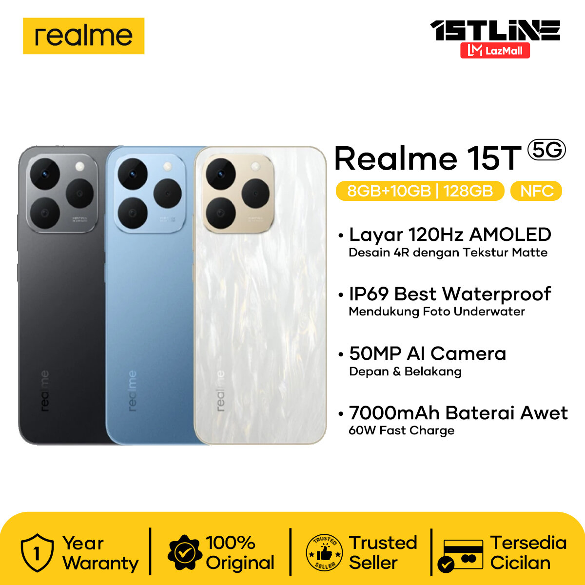 Original Realme Cellphone Realme 15t 5g 8/128 8/256 7000Mah Battery Official Guarantee 1 Year Available Cod Harga 3,999,000 rupiah*Gratis Ongkir
