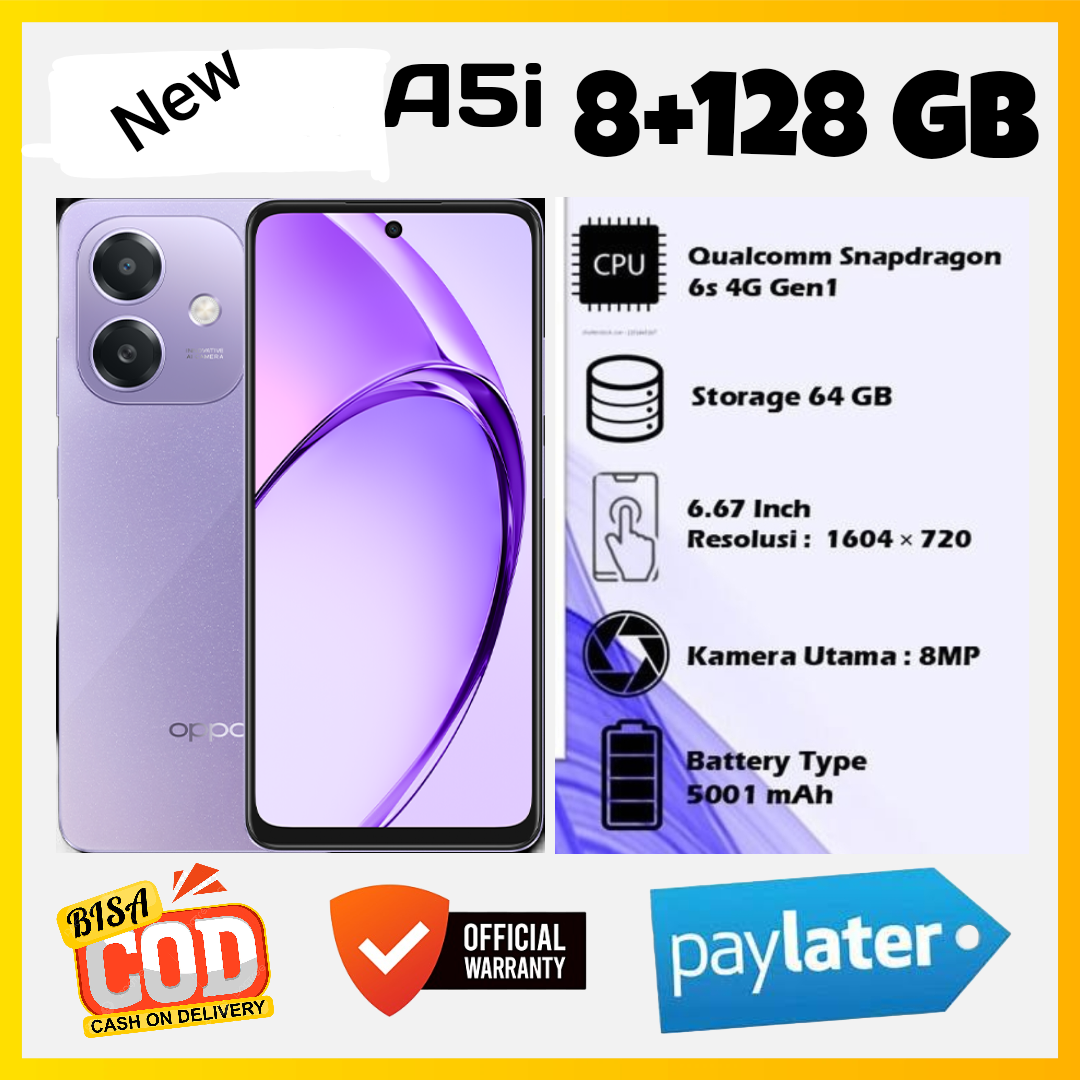 Oppo A5I Ram 8/128 Gb Battery 5000 Mah Snapdragon 6S Gen 1 Official Warranty 1 Year Harga 1,495,000 rupiah*Gratis Ongkir