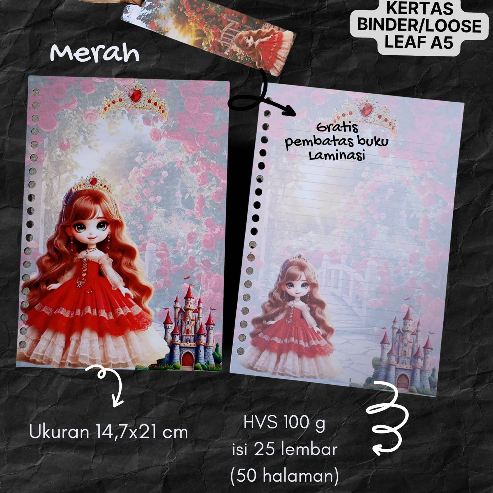 Princess isi Binder A5 Tema Princess Kertas Loose Leaf HVS 75g dan 100g Ukuran 147x21cm