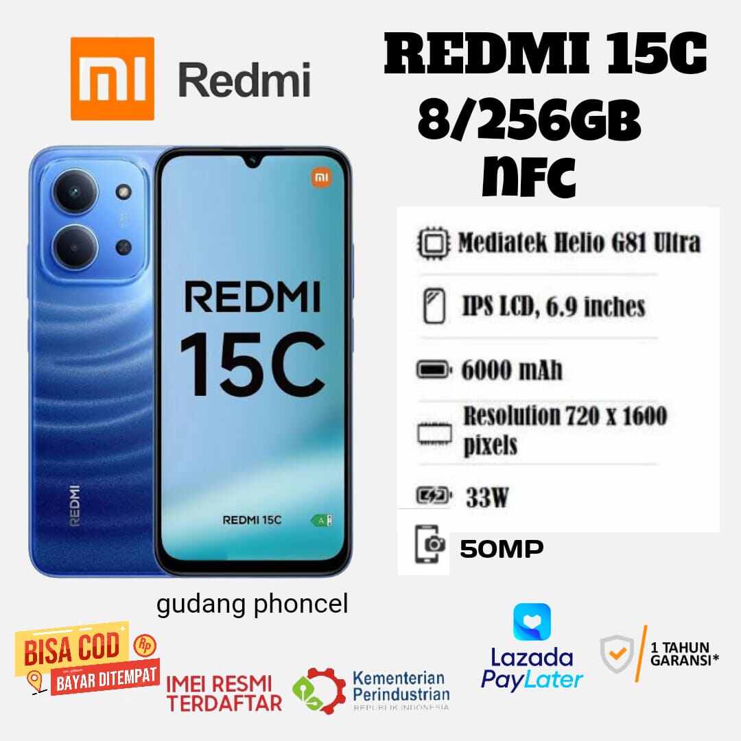 Redmi 15C Nfc 16+256 Gb (8+8Gb) Mediatek Helio G81 Ultra 50 Mp Camera 1 Year Official Warranty Harga 1,745,000 rupiah*Gratis Ongkir