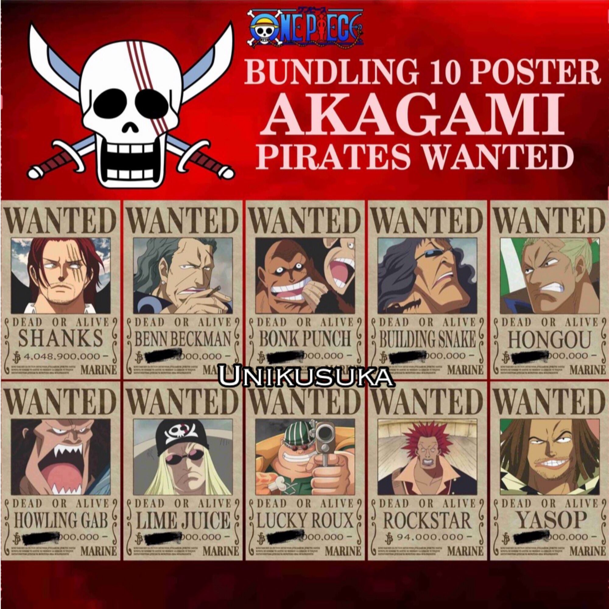 Unikusuka Poster One Piece Bounty Wanted Red Hair Pirates Akagami