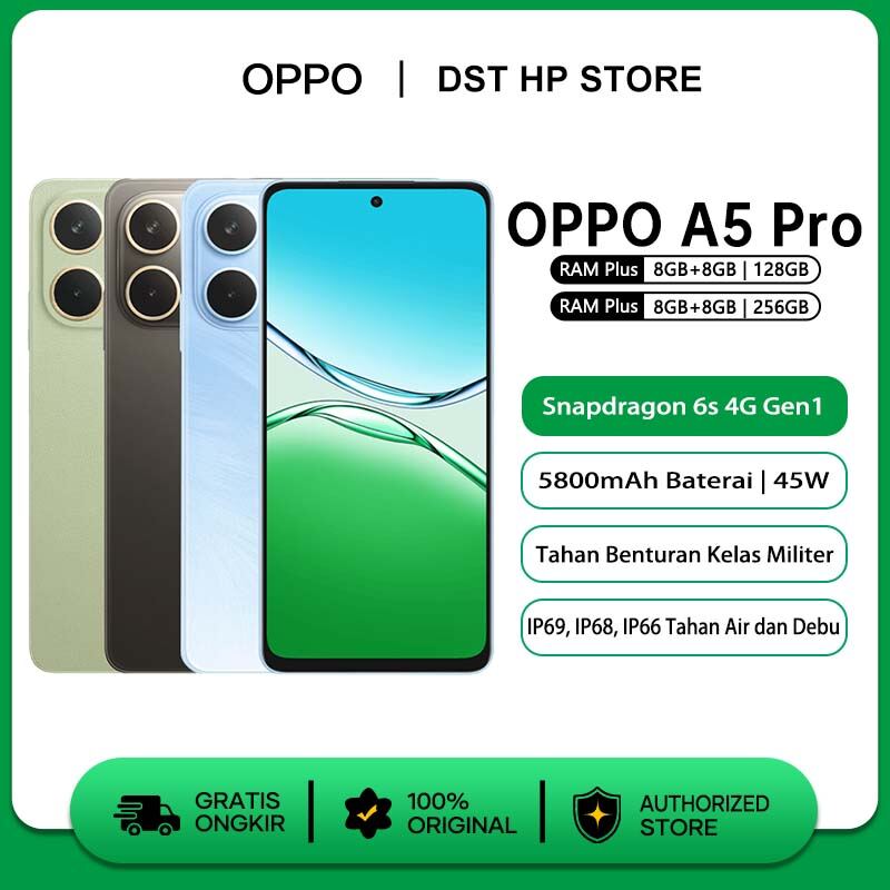 Oppo A5 Pro 8/128GB 8/256GB Snapdragon 6S 4G Gen1 military grade shockproof 5800mAh big battery Harga  3,099,000 Ringgit*Penghantaran Percuma