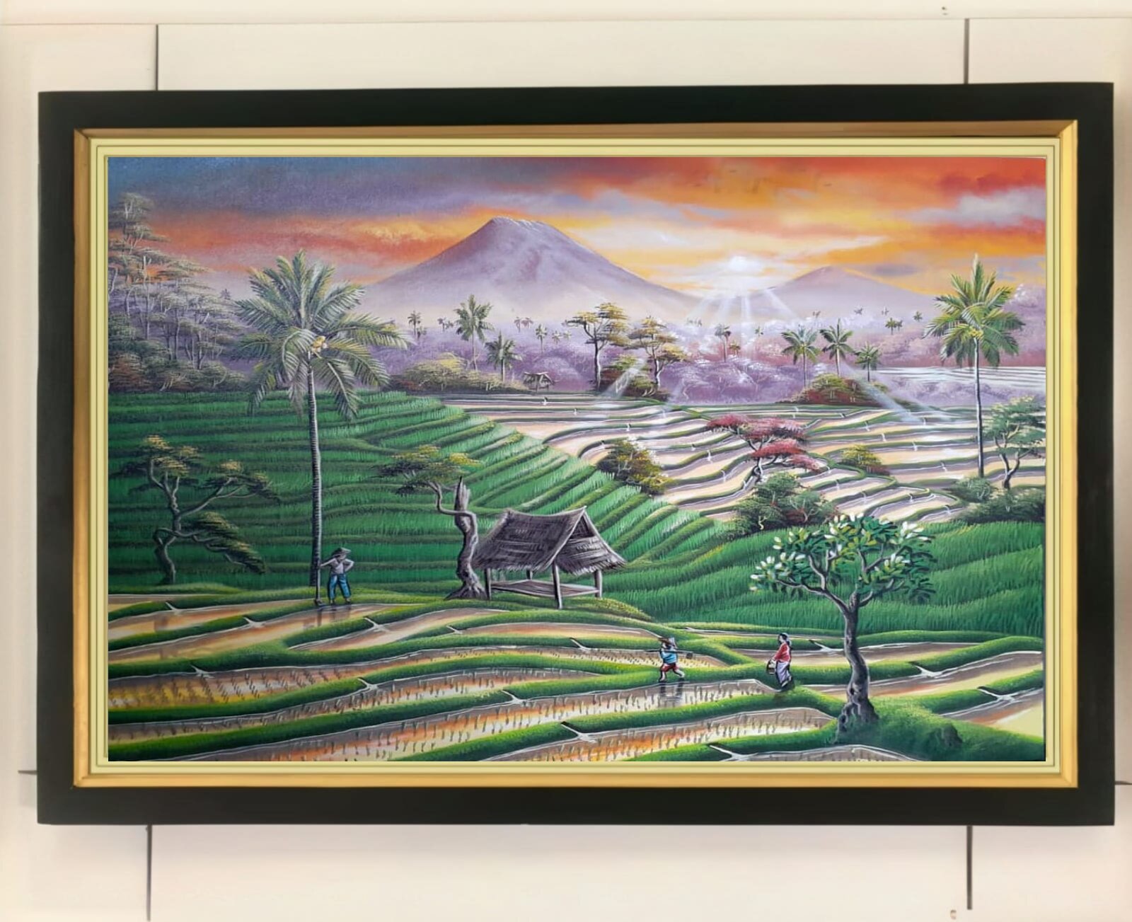 hiasan dinding lukisan cetak pemandangan sawah terasering hijau asri bali plus bingkai ukuran 65×45