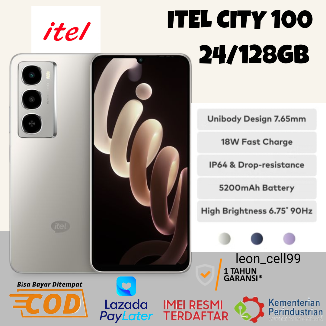 Infinix Itel city 100 24 + 128 GB (gaming processor) charger 18W processor unisog (p65 replacement) 1 year official warranty Harga 995,000 rupiah*Gratis Ongkir