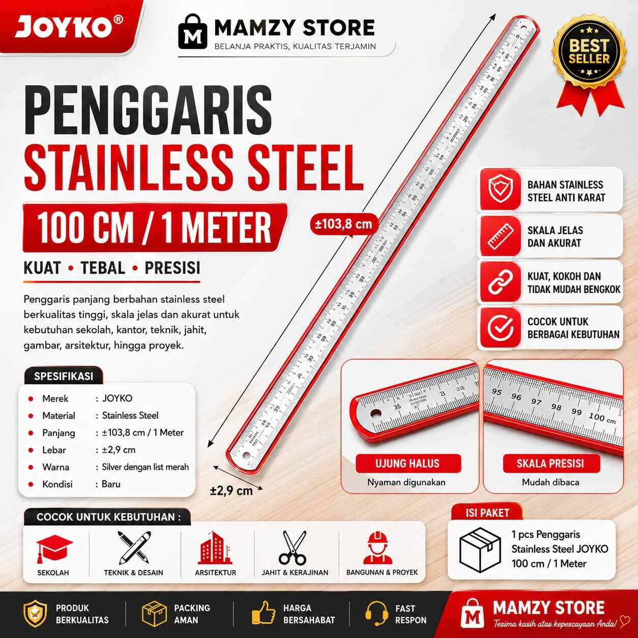 Penggaris besi stainless steel Joyko 100 cm (1 meter) untuk sekolah dan kantor.