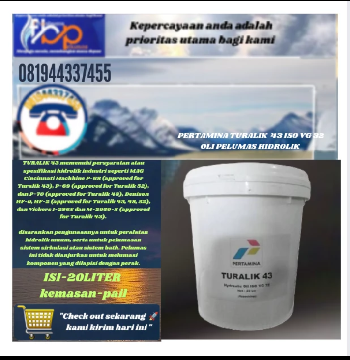 oli pelumas hidrolik Pertamina turalik 43 ISO VG-32 isi-20liter kemasan pail Harga 1,000,000 rupiah*Gratis Ongkir