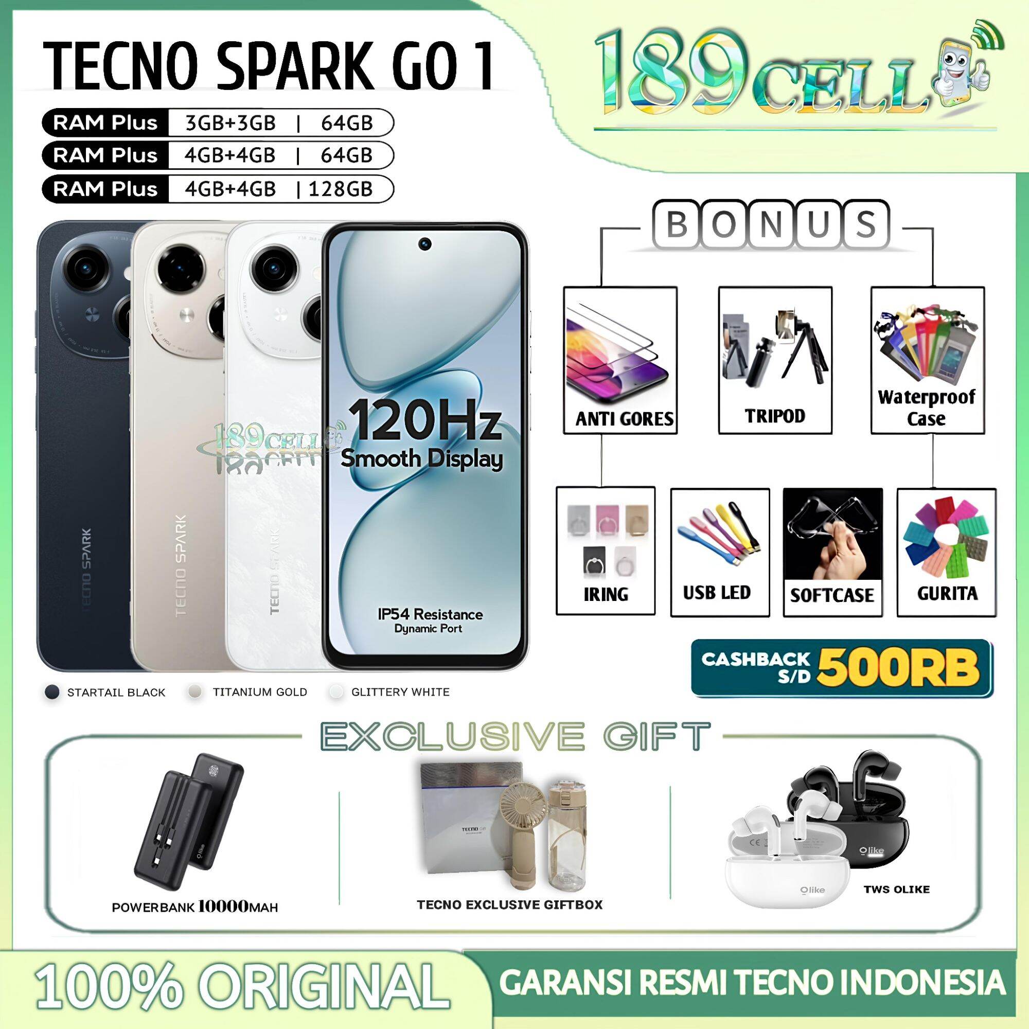 TECNO SPARK GO 1 RAM 4/128 GB | 4/64 GB | 3/64 GB GARANSI RESMI TECNO INDONESIA Harga 969,900 rupiah*Gratis Ongkir