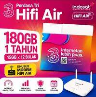 Kartu Perdana Tri Fwa Hifi Air Indosat 215GB 1 Tahun Unlock   | - 215GB data   | - 35GB paket internet   | - 15GB tambahan   | - Berlaku 1 tahun   | - Untuk modem HiFi Air series