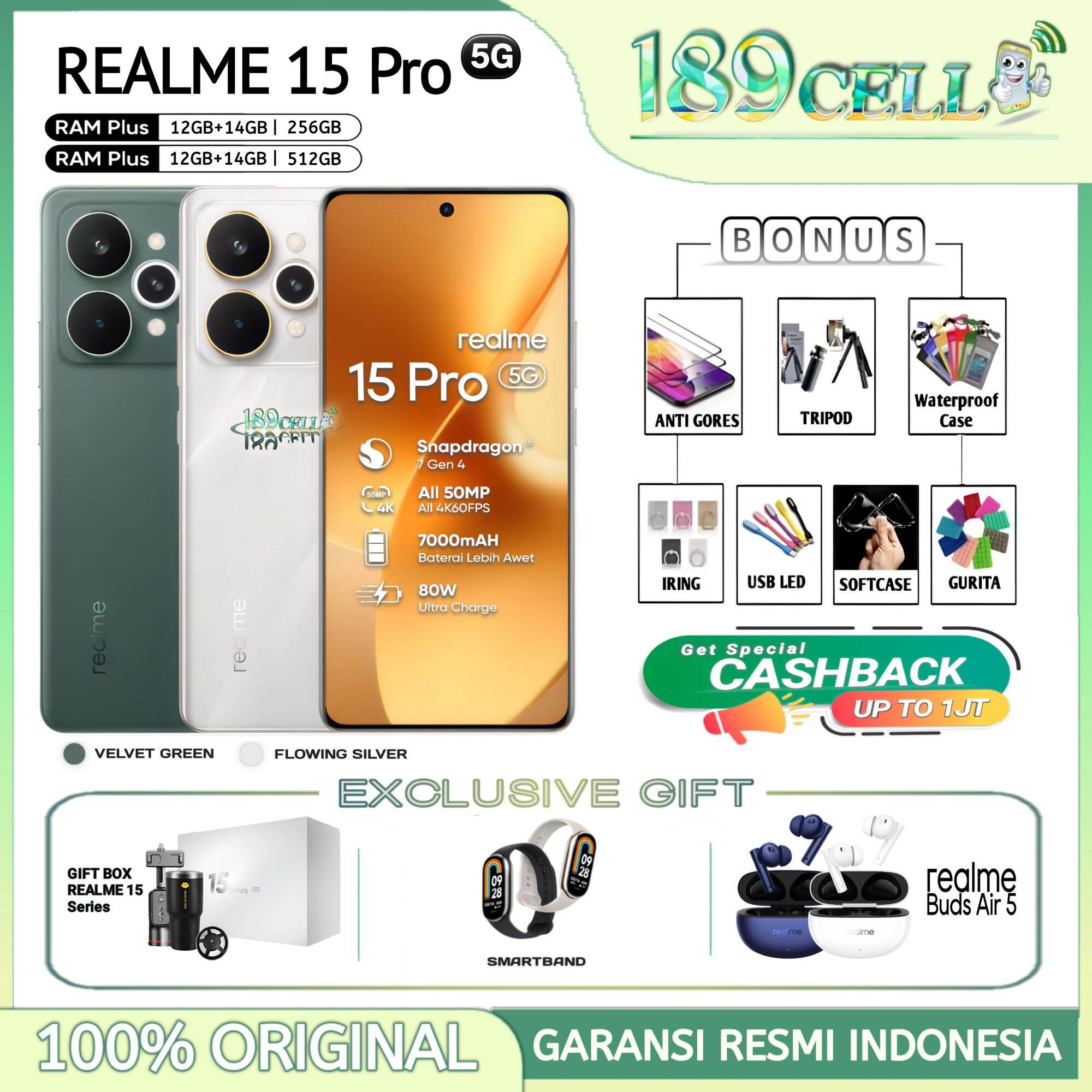 Realme 15 Pro 5g 12/256Gb 12/512Gb - 50Mp Ai Camera, Snapdragon 7 Gen 4 - Realme15 Pro Nfc Harga 6,349,900 rupiah*Gratis Ongkir
