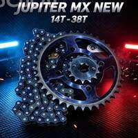 PAKET GIR RANTE JUPITER MX NEW 135/GEAR SET RANTI JUPITER MX NEW 14T - 38T   | Rantai dan sprocket untuk sepeda motor Jupiter MX New 135 dengan ukuran 14T hingga 38T.