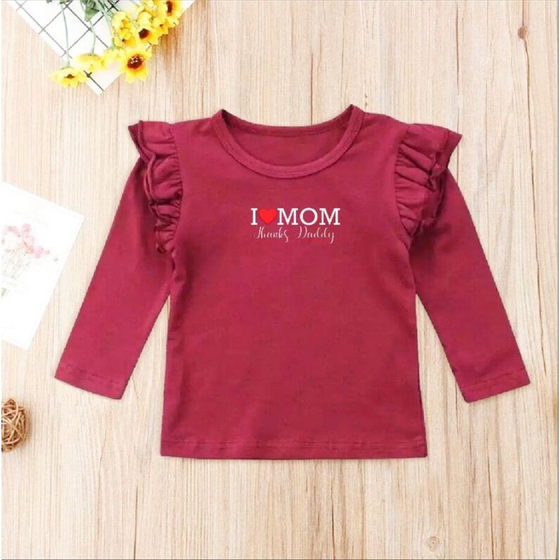 Baju Anak Perempuan Terbaru Atasan Love Mom Lengan Panjang Ukuran 1-11 Tahun Model Kaos kekinian Matt Babyterry fashion viral kekinian Good Quality Premium