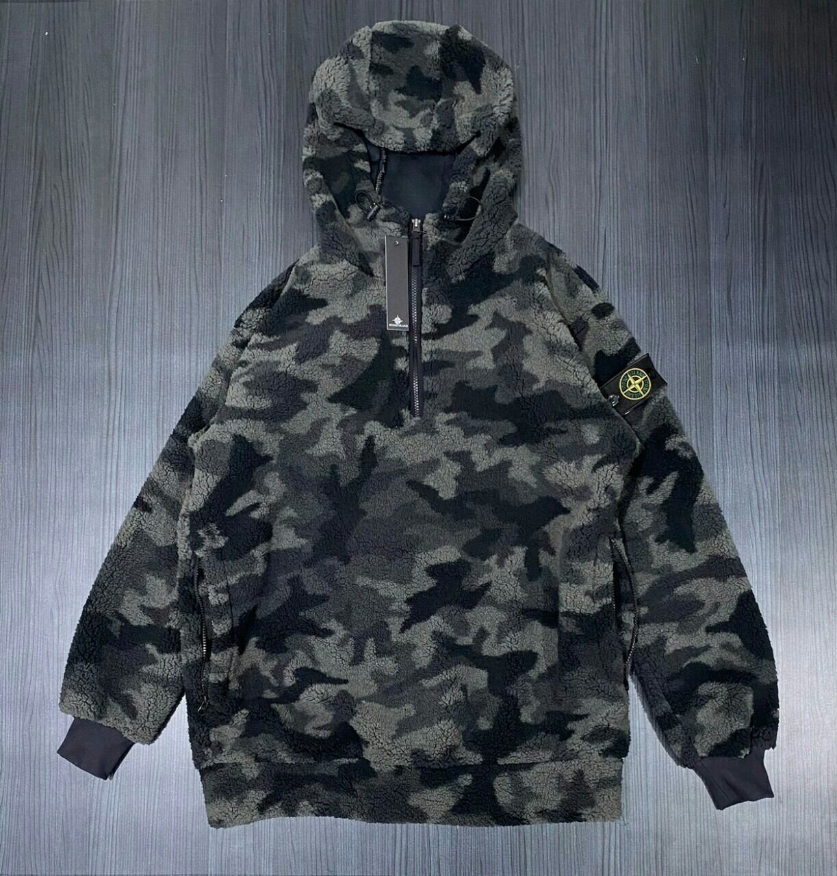 JAKET CAMO LORENG STONE ISLANDS SHERPA POLAR BULU ANGSA BAHAN