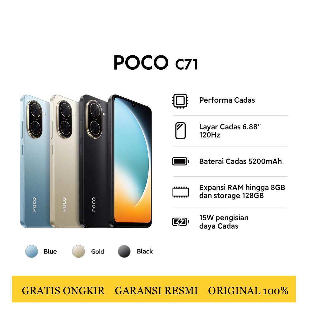 Poco C71 (4GB/128GB) unisoc t7250-32mp AI camera-6.88 inch IPS LCD Rheinland protection-Li-Po 5200mAh official warranty 15 months Harga 1,243,000 rupiah*Gratis Ongkir