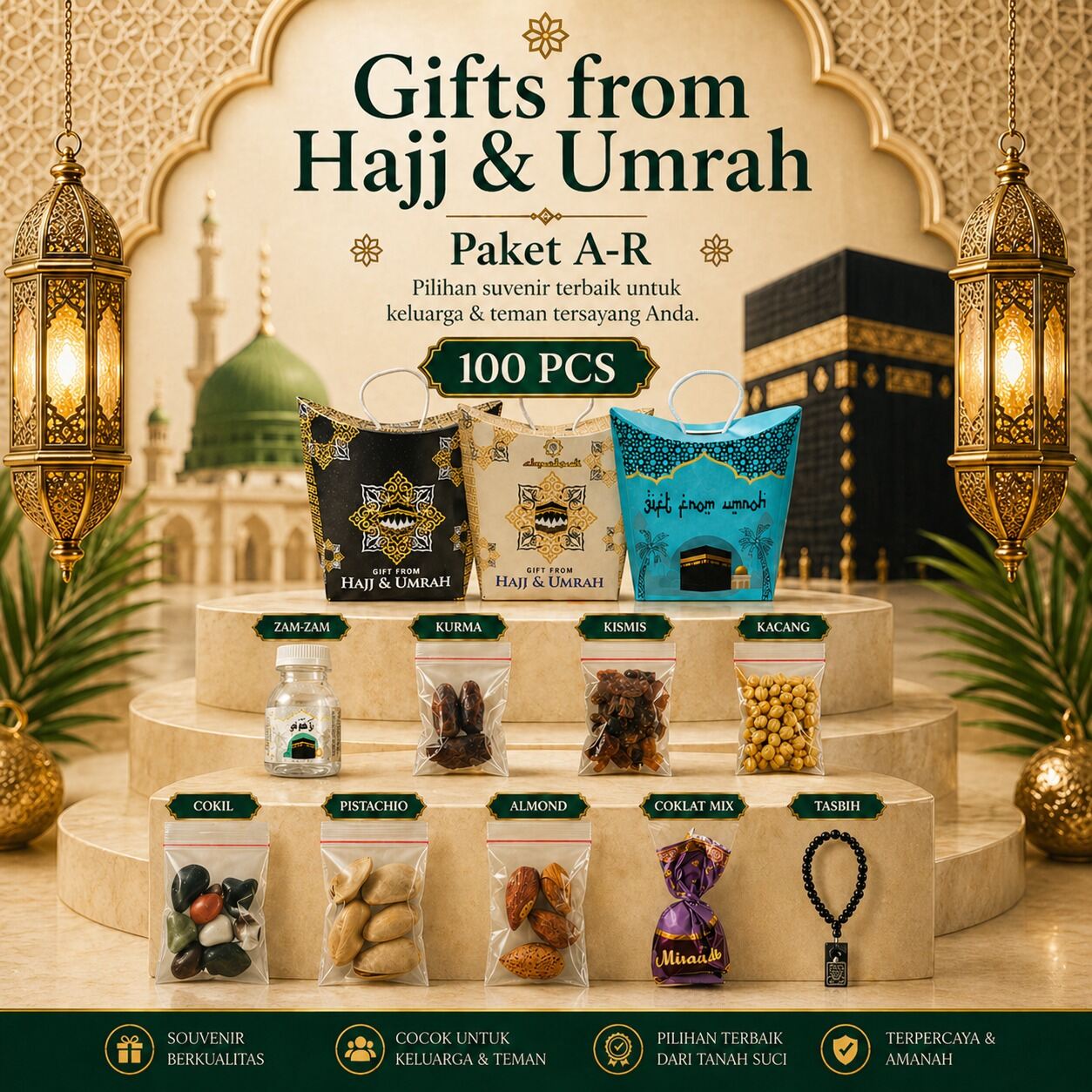 Save package contents 100 PCs souvenirs Hajj and Umrah/hampers souvenirs Arabic food
