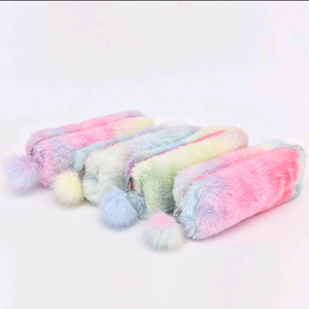 Dompet pensil Kotak Pensil Bulu Unicorn Rainbow