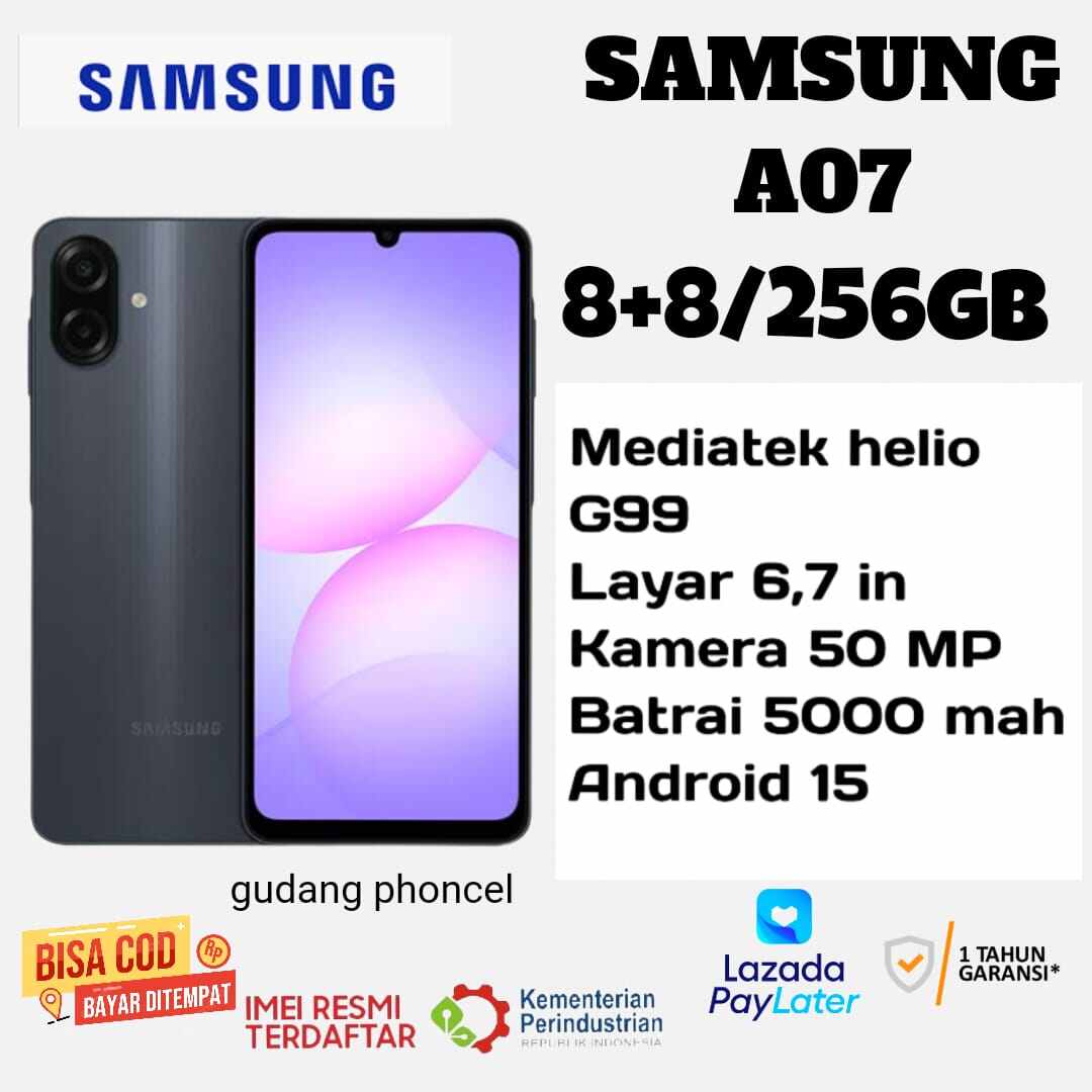 Samsung A07 8+8/ 256 Gb Helio G99 50Mp Camera Free Travel Adapter 1 Year Official Samsung Warranty (Registered Imei) Harga  1,345,000 Ringgit*Penghantaran Percuma