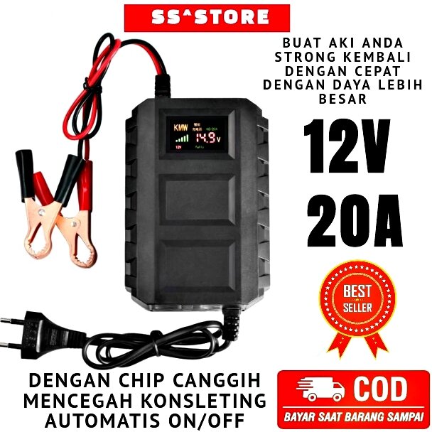 Cas Aki Mobil Motor 12 Volt 20A Charger Aki Terbaik Otomatis 12V Bisa Aki Kering Aki Basah