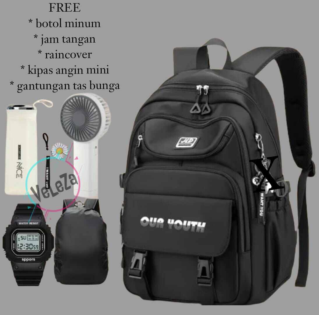 School Bag Backpack for Teenage Girls, Elementary School, Middle School, Ourr Youth Model, Free Glass Drinking Bottle, Watch, Raincover, Mini Fan and Flower Hanger, Backpack Harga 135,000 rupiah*Gratis Ongkir
