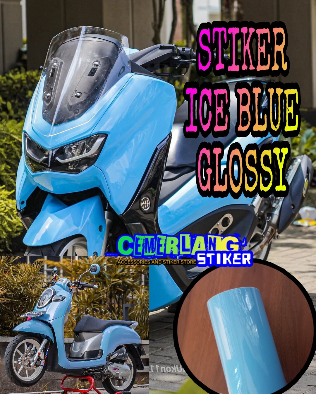 sticker skotlet ice blue glossy 1 meter skotlet motor biru muda stiker ice blue glossy skotlet biru lagit scotlite Nmax biru muda kualitas premium Harga 22,000 rupiah*Gratis Ongkir