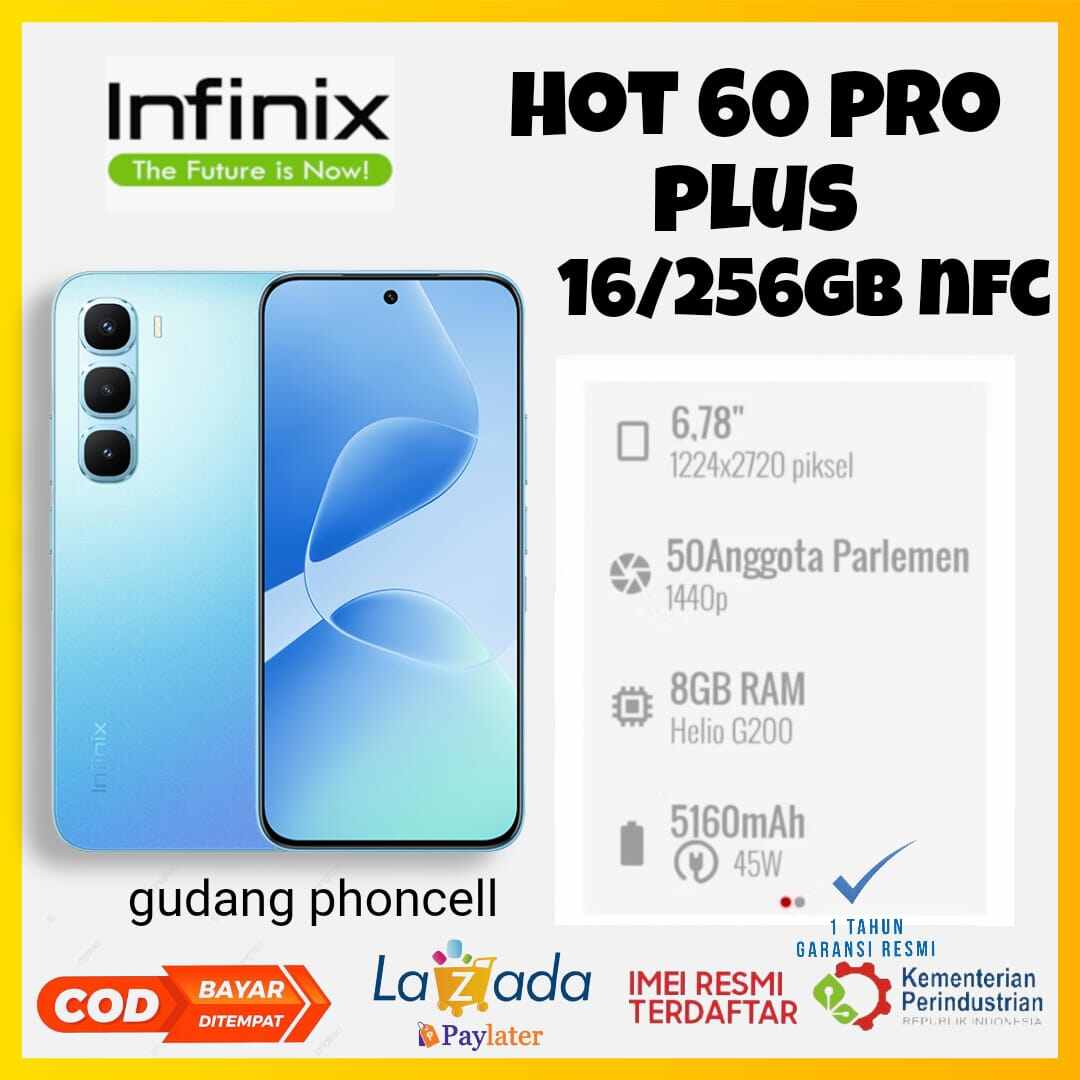 Infinix Hot 60 Pro Plus Gaming Nfc Ram 16+256 Gb Mediatek Helio G200 50 Mp Camera 1 Year Official Warranty Harga 1,295,000 rupiah*Gratis Ongkir