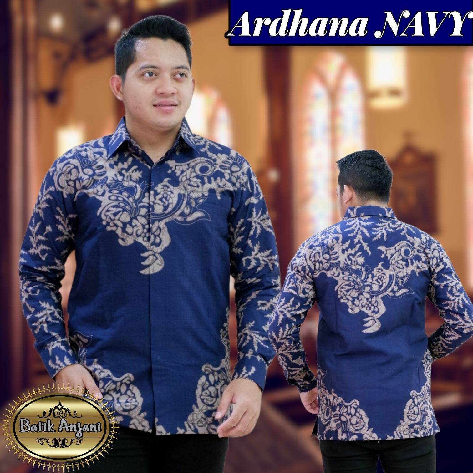 Kemeja Batik Pria Warna Navy Baju Batik Lengan Panjang Warna Biru