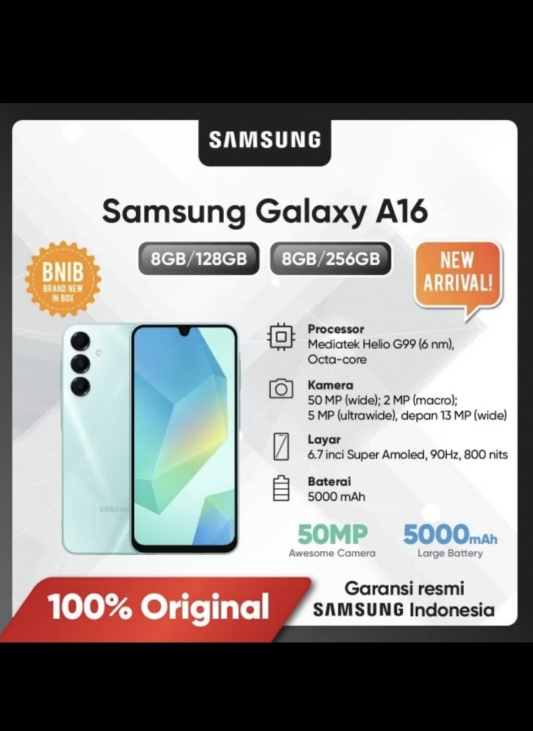 SAMSUNG A16 LTE RAM 8/128 GB GARANSI RESMI ORIGINAL 1TAHUN Harga 2,699,000 rupiah*Gratis Ongkir